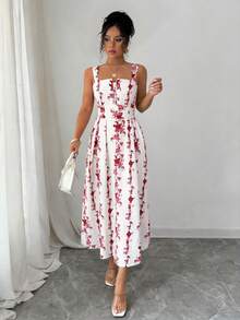 Elenzga Latest Spring & Summer Blue And White Floral Print Elegant Waist Shirred Dress, Suitable For Vacation And Work - Pink - View 5