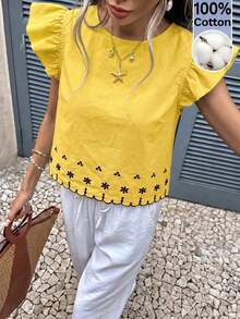 Serisse Women's Round Neck Floral Print Cap Sleeve Blouse - Yellow - View 3