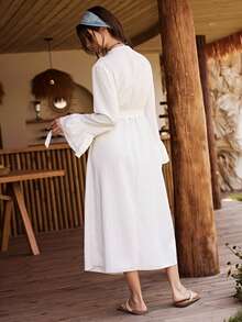 Lullawish Bohemian Resort Style Palace Water-Soluble Lace Patchwork Double Ruffle Cuff Solid Color Long Women Robe - White - View 3