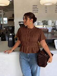 Firerie Plus Size Women's Solid Color Short Sleeve Pleated Single-Breasted Casual Shirt - Coffee Brown - View 8