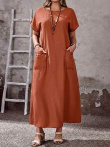 EMERY ROSE Đầm nữ cỡ lớn dáng thường ngày mùa xuân, cổ tròn, tay ngắn, có túi. - Rỉ Nâu - Xem 4