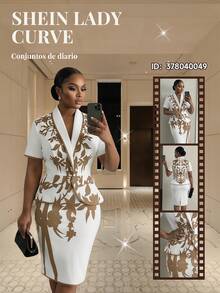 SHEIN Lady Plus Size Women Plant Pattern Shawl Collar Short Sleeve Jacket And Mini Skirt Elegant Suit Set - Khaki - View 7