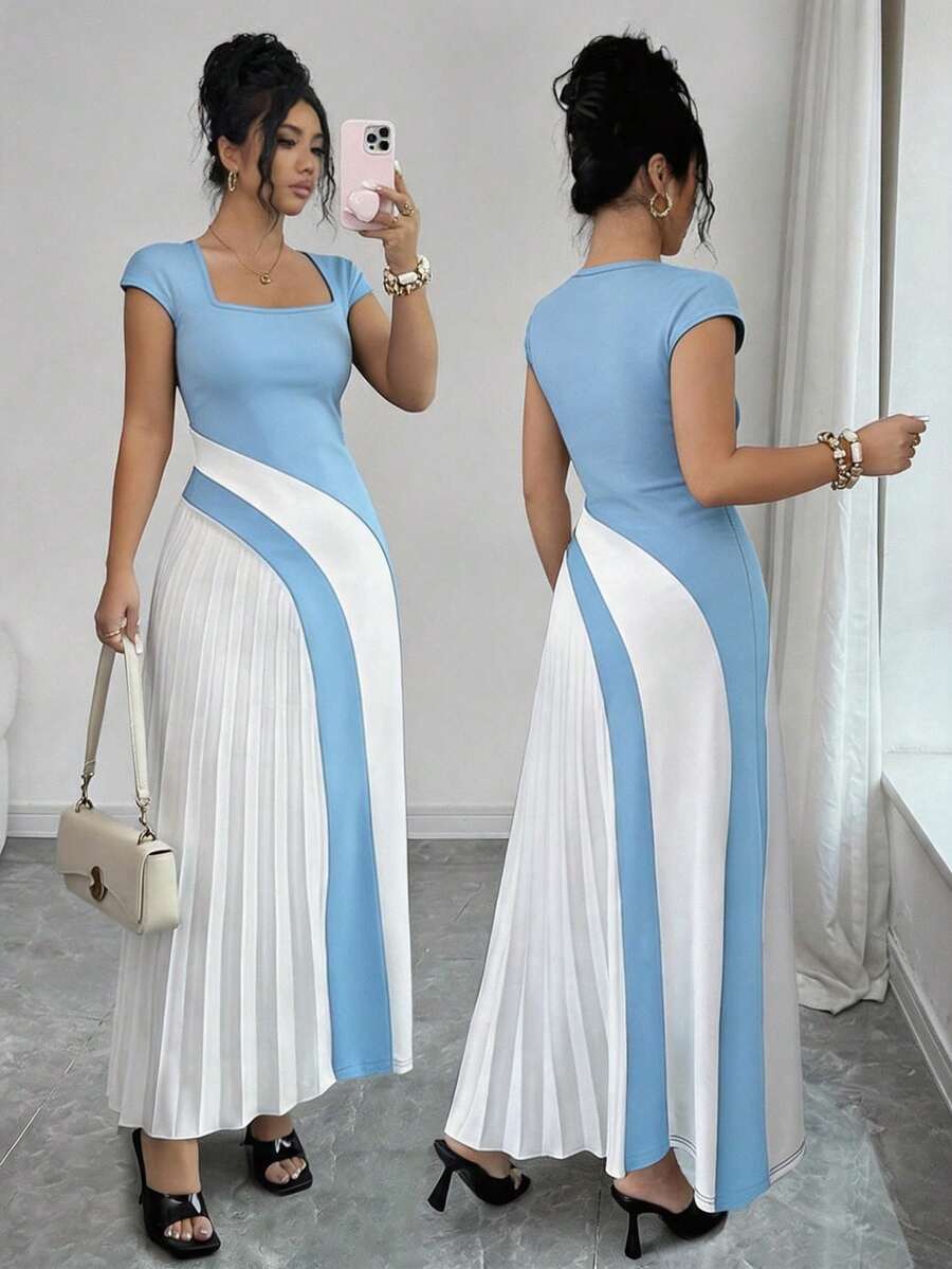 SHEIN Elenzya 优雅浪漫度假及工作场合皆宜的黑白撞色方领褶裥连衣裙 - 藍色 - 查看 1