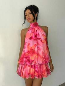 Aloruh Vestido mini elegante de mujer con cuello de halter y efecto degradado de color - Multicolor - Ver 7