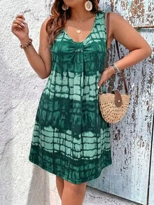 SHEIN LUNE 大码女式夏季不对称渐变印花无袖连衣裙，大码A字廓形，度假/假日连衣裙 - 彩色 - 查看 5