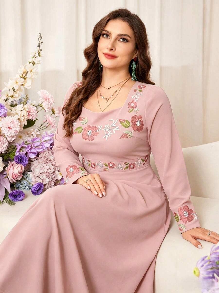 Modelyn Black Square Neck Long Sleeve Cinched Waist Dress / Vintage Floral Embroidery Elegant Plus Size Work Dress - Dusty Pink - View 1