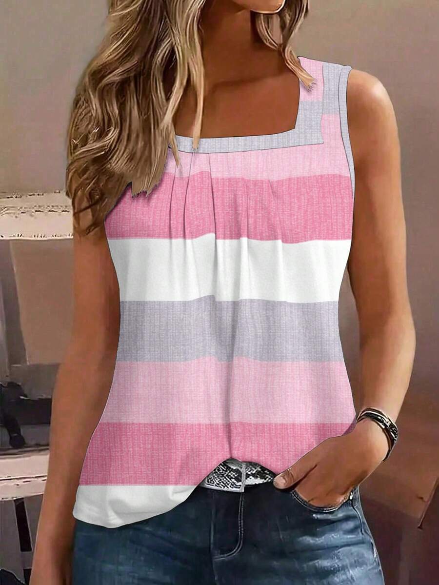 EMERY ROSE Blusa informal de mujer talla grande con estampado gráfico de bloques de color, camiseta de rayas tipo chaleco - Multicolor - Ver 1