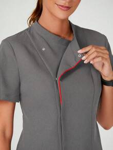 TaskEZ Women's Summer Contrast Piping Patch Pocket Short Sleeve Work Uniform - Grey - View 10