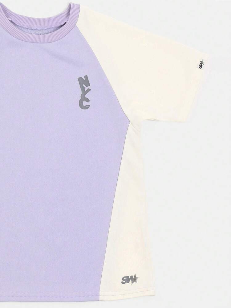 Mädchen Lila Farbblock Kurzarm Rundhals T-Shirt mit NYC Aufdruck, Frühling Sommer Casual Top