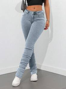 SHEIN ICON 大码女式高腰紧身个性化时尚牛仔裤 - 藍色 - View 6