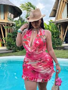 Swim Vcay Plus Size Floral Print Backless Halter Neck Cover Up Beach Vacation Pink Summer - Red - View 4
