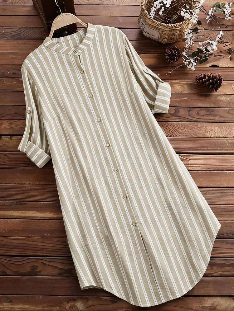 SHEIN LUNE CURVE Plus Size Asymmetrical Hem Striped Linen-Like Fabric Casual Vacation Long Shirt For Women Fall - Apricot - View 3