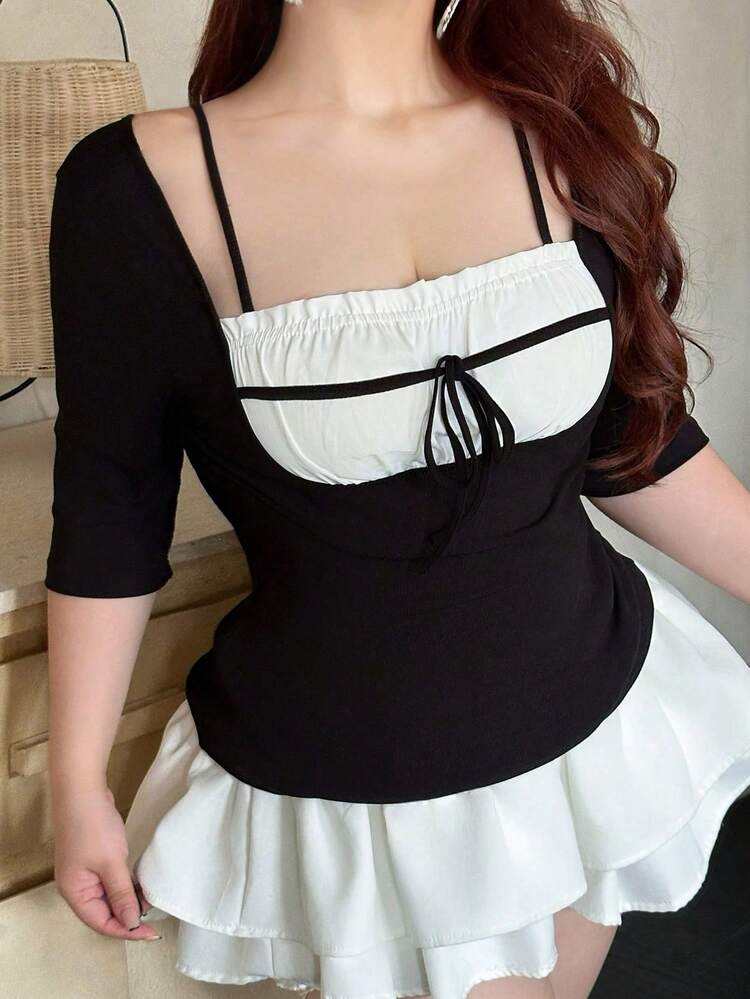 Dazy Plus Plus Size 2 In 1 Splicing Contrast Color Pleated Drawstring Tie Waist Slim Casual Versatile Black Short Sleeve T-Shirt Cute Tops