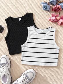 Áo croptop dệt kim không tay kiểu dáng thể thao và dễ thương dành cho bé gái, nhiều chiếc - Đen và trắng - Xem 1
