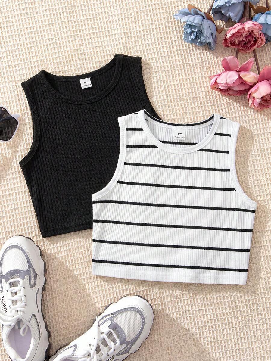 Áo croptop dệt kim không tay kiểu dáng thể thao và dễ thương dành cho bé gái, nhiều chiếc - Đen và trắng - Xem 1