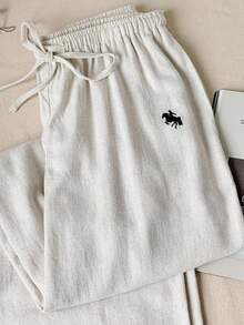 SHEIN Tall CURVE Große Größen Lässig Loose Hose mit Kordelzug Taille und Stickerei - Weiss - Übersicht 4