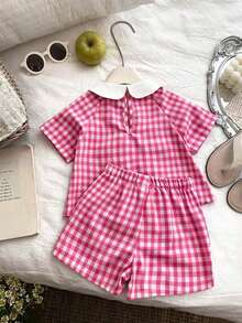 Souflis Souflis 2pcs Baby Girl Infant Toddler Newborn Spring/Summer Elegant Princess Pink Plaid Peter Pan Collar Ruffle Blouse + Shorts Set - Pink - View 3
