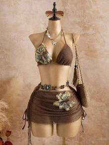 Bellisia Bộ bikini 3 mảnh vải dệt họa tiết hoa, đồ bơi kèm váy, thích hợp cho kỳ nghỉ hè/xuân ở bãi biển. Bộ bikini và váy màu nâu, gồm hai mảnh, dành cho nữ. Bộ bikini và váy, đồ bơi. - màu nâu - Xem 1