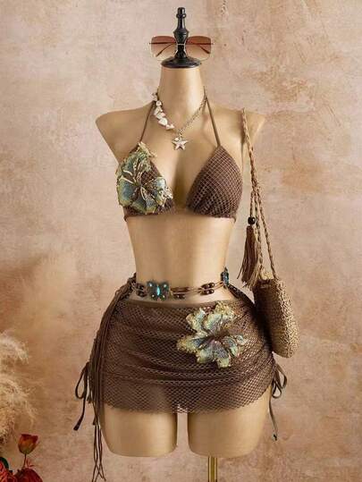 Bellisia Bộ bikini 3 mảnh vải dệt họa tiết hoa, đồ bơi kèm váy, thích hợp cho kỳ nghỉ hè/xuân ở bãi biển. Bộ bikini và váy màu nâu, gồm hai mảnh, dành cho nữ. Bộ bikini và váy, đồ bơi.