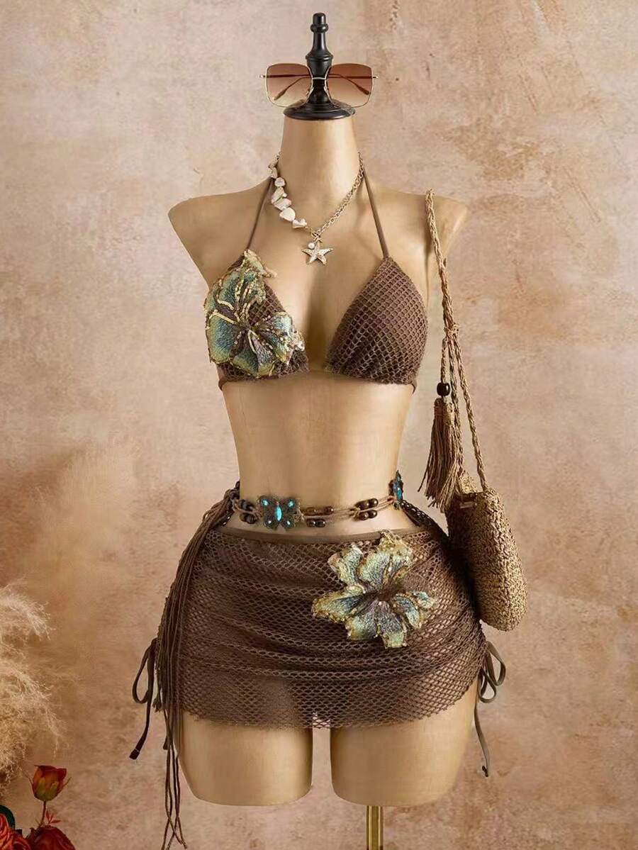 Bellisia Bộ bikini 3 mảnh vải dệt họa tiết hoa, đồ bơi kèm váy, thích hợp cho kỳ nghỉ hè/xuân ở bãi biển. Bộ bikini và váy màu nâu, gồm hai mảnh, dành cho nữ. Bộ bikini và váy, đồ bơi. - màu nâu - Xem 1