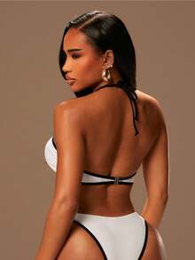 Radiana Women's Fashion Cute All White Bikini Set With Black Edge, Summer V-Neck High Waist Bandeau Bathing Suit, Elegant Sexy Holiday Beach Party - White - View 3