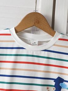 2pcs/Set Toddler Boys' Summer Casual Fashionable Graphic Print Round Neck Raglan Top And Striped Print Shorts,Suitable For Outdoor Play & Daily Wear - Multicolor - View 8