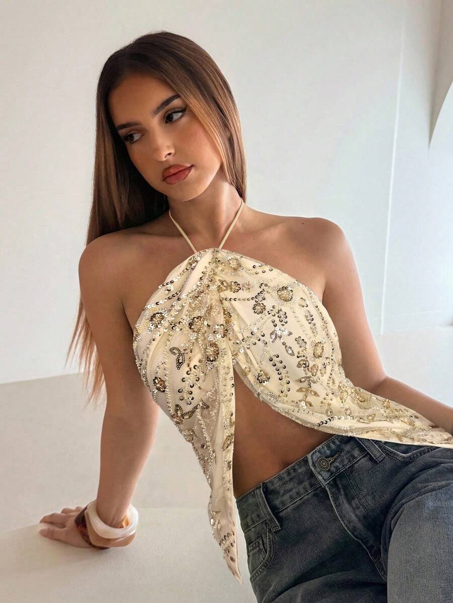 Aloruh Women's Spring/Summer Vacation Beaded Embroidered 3D Floral Slit Tassel Hem Halter Backless Camisole,Summer Top - Apricot - View 1