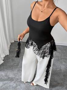 Calvaya Große Größen Elegantes Spitzen-Patchwork-Top mit Rüschen in Jellyfish-Form für Damen, gestricktes ärmelloses Top für Frühling/Sommer, vielseitig einsetzbar für Büro, Urlaub, Feiertage, Partys, Dates, Hochzeiten und Outdoor-Anlässe - Schwarz - Übersicht 7