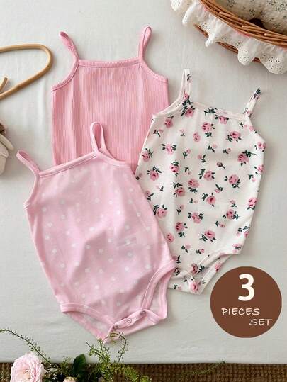 LMoss Kids Bộ áo liền quần 3 món cho bé gái, chất liệu dệt kim, màu trơn, chấm bi và họa tiết hoa nhỏ.