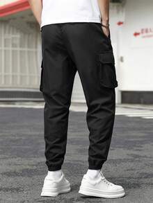 Manfinity Hypemode Quần cargo nam dáng casual, thời trang đường phố, cạp chun, túi nắp gập, ống rộng, thích hợp cho việc đi lại hàng ngày. - màu đen - Xem 2