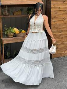 Sunnyshic Plus Size Women's Beach Vacation French Sexy Boho Contrast Lace Skirt White Summer - White - View 8