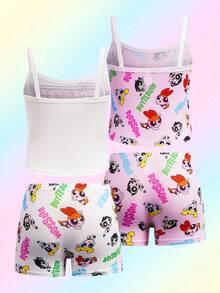 THE POWERPUFF GIRLS X SHEIN 两套少女卡通印花吊带背心和短裤内衣套装 - 粉色 - 查看 2