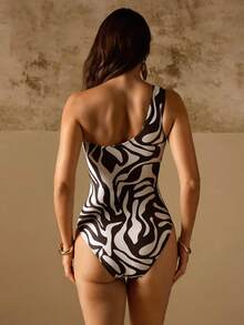 Swim Chiccia Women's Beach Music Festival Spring/Summer One-Piece Swimsuit With Striped Metallic Print, Elegant And Fashionable, Slimming Design - Multicolor - View 4
