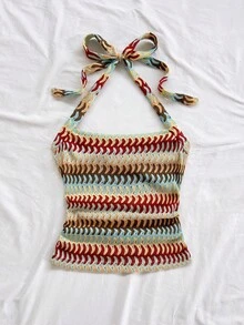 Soleia Plus Size Women Vacation Halter Beige Knit Textured Fitted Tank Top Beach Beach Vacation Vacation Summer Boho - Multicolor - View 4