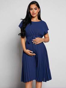 MaterniWear Maternity Pleated Hem Belted Dress - Blue - View 4