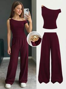 SHEIN Bộ áo thun và quần dài phối hợp họa tiết hoa hồng cho bé gái tuổi teen, màu trơn, màu đỏ tía, đỏ Angola. - Màu Đỏ Sâu - Xem 1