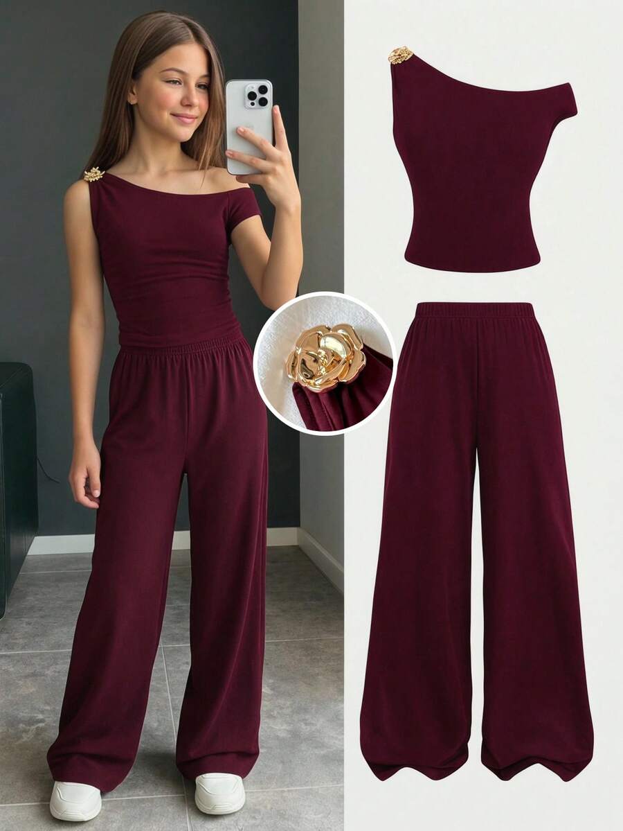 SHEIN Bộ áo thun và quần dài phối hợp họa tiết hoa hồng cho bé gái tuổi teen, màu trơn, màu đỏ tía, đỏ Angola. - Màu Đỏ Sâu - Xem 1