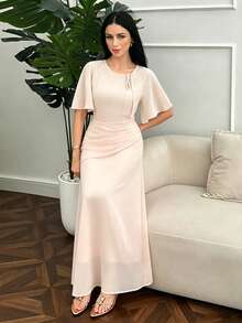 Modelyn Women's Ruched Waist Concealed Belly Flared Long Style Dress Brunch Orange Pink Summer Elegant - Apricot - View 5