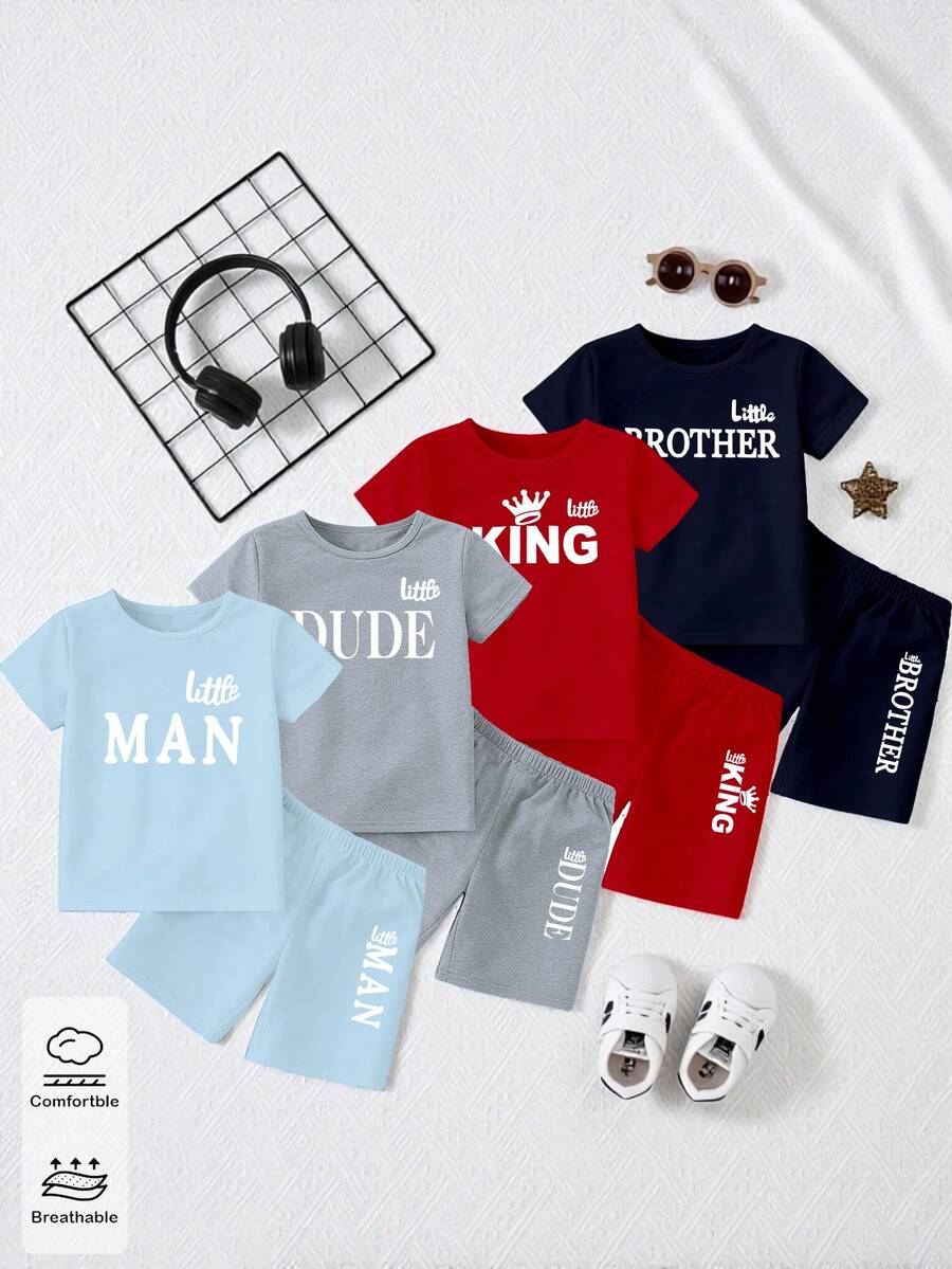 SHEIN Playful Pals 8件套婴幼儿男童休闲皇冠标语印花短袖T恤和短裤套装,舒适日常穿着,春夏款 - 彩色 - 查看 1
