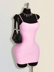 SHEIN ICON 女士时尚百搭纯色吊带连衣裙 - 粉色 - 查看 6