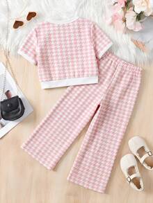 SHEIN 2pcs/Set Young Girl Elegant Pink & White Contrast Gold Button Blouse & Straight Leg Pants,Back To School Summer Outfit,Family Matching Party Set - Pink - View 6