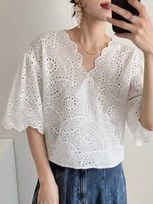 FRIFUL 女款時尚百搭度假鏤空刺繡蕾絲襯衫 夏季 - 白色 - 查看 7