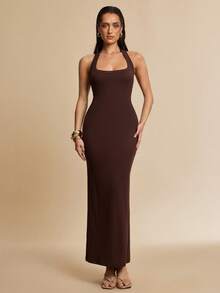 Silquee Vestido de mujer de unicolor con escote halter y espalda descubierta - Marrón - Ver 4