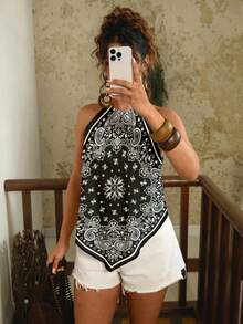 Travachic Plus Size Paisley Print Asymmetric Hem Halter Neck Camisole For Summer Holiday Holiday Vacation Black And White Boho - Multicolor - View 5