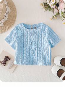 Babygirl Cute Jacquard Bow Knit Short Sleeve Top, Versatile For Summer - Baby Blue - View 3