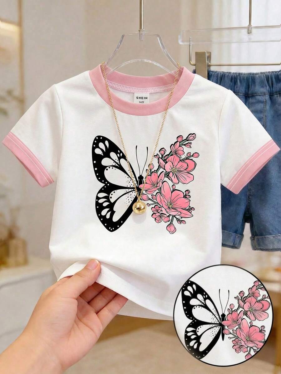 SHEIN Playful Pals 女嬰蝴蝶與花卉印花圓領白色短袖T恤可愛休閒夏季畢業季套頭上衣適用6個月-3歲 - 彩色 - 查看 1