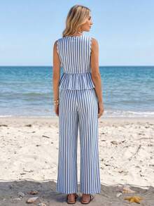 Sylviya Bộ 2 quần dài kẻ sọc bằng cotton dành cho nữ, thích hợp cho kỳ nghỉ hè. - Xanh và trắng - Xem 2