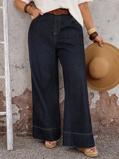 SHEIN Tall CURVE Quần jean ống rộng cạp cao dành cho nữ cỡ lớn, trang phục thường ngày thanh lịch mùa hè cho nữ.
