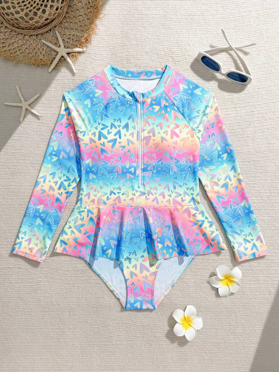 SHEIN 少女连体泳衣,色彩鲜艳,易于穿脱,长袖,拉链,荷叶边裙摆,时尚休闲优雅泳装,适合游泳、度假、夏季穿着(随机印花) - 彩色 - 查看 1