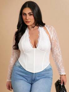 SHEIN BAE 大码女式蕾丝拼接露背吊带上衣 - 白色 - 查看 3